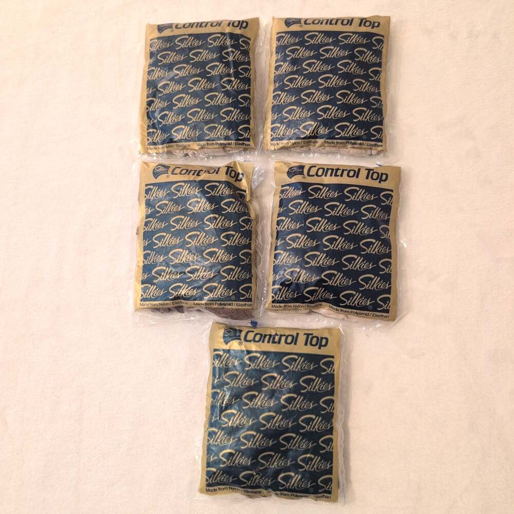 Silkies NewInPackage Vtg 90s Lot (5) ControlTop Pantyhose Women's L Ivory/Beige